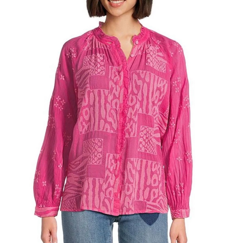 Johnny Was Molli Monotone Embroidered Cupro Ruffle  Blouse Women Size Small